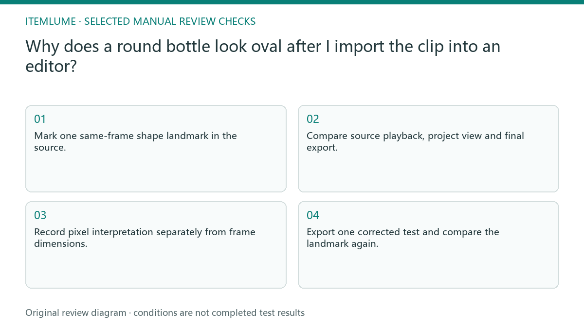 Manual review diagram for: Why does a round bottle look oval after I import the clip into an editor?