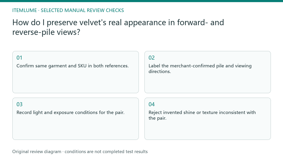 Manual review diagram for: How do I preserve velvet's real appearance in forward- and reverse-pile views?