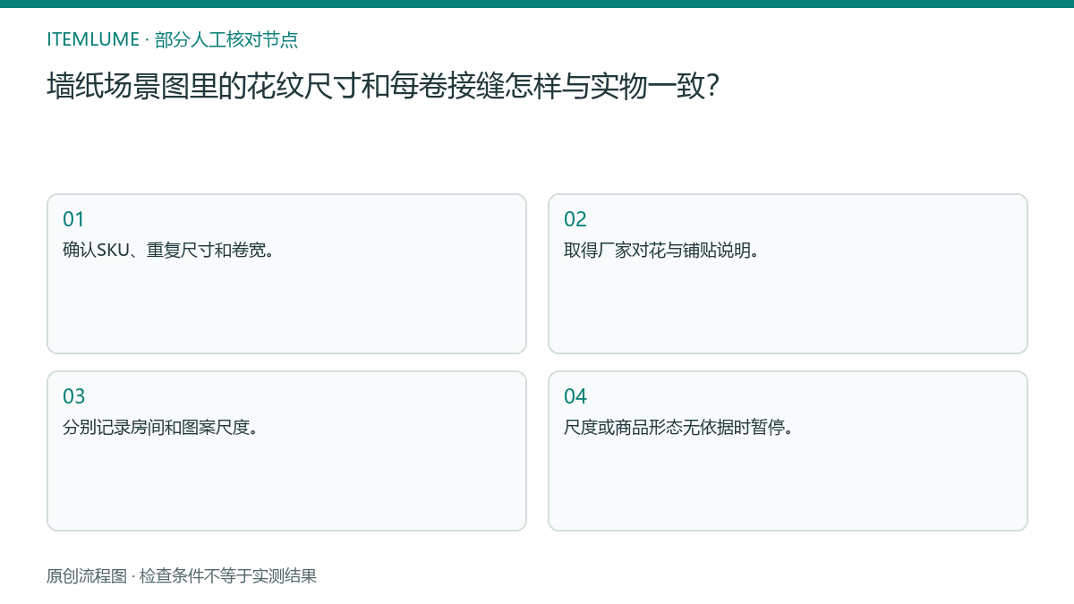 本题人工核对流程图：墙纸场景图里的花纹尺寸和每卷接缝怎样与实物一致？