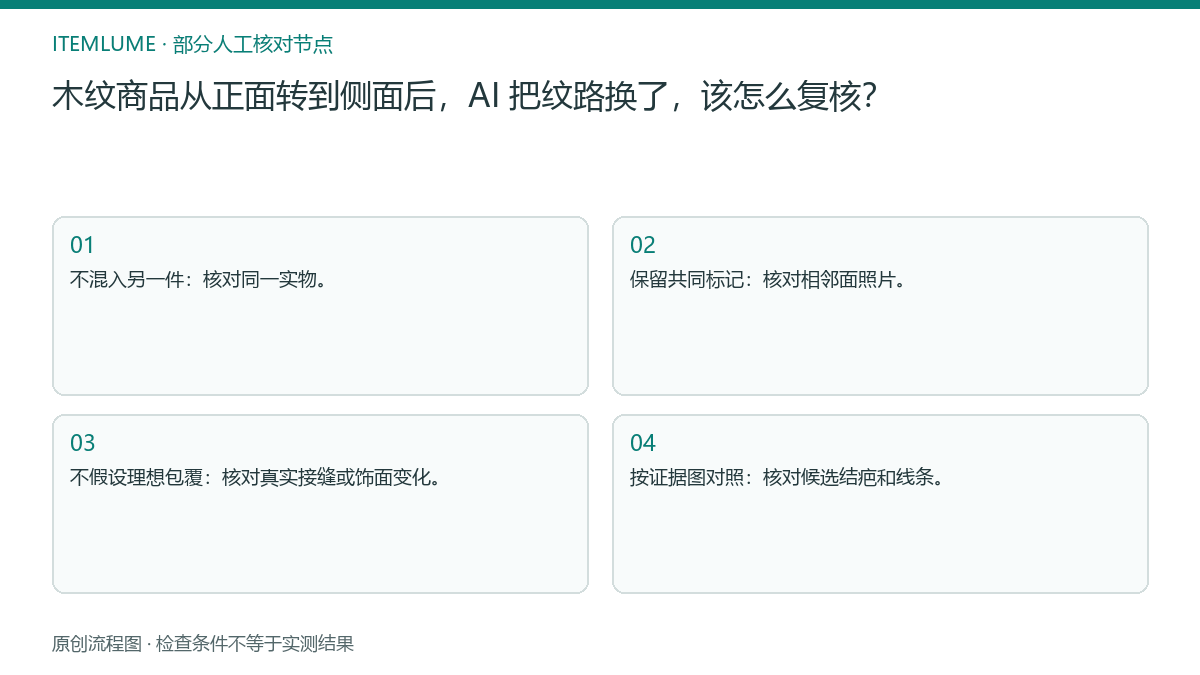 本题人工核对流程图:木纹商品从正面转到侧面后,AI 把纹路换了,该怎么复核?