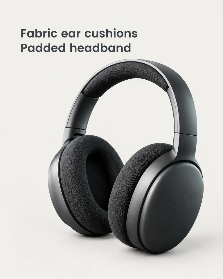Actual FORMA headphone selling-point image with fabric ear cushions and a padded headband