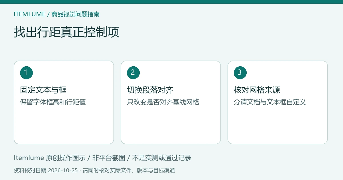 三步核对图:固定文本与框;只切换段落基线对齐;核对文档及文本框自定义网格。