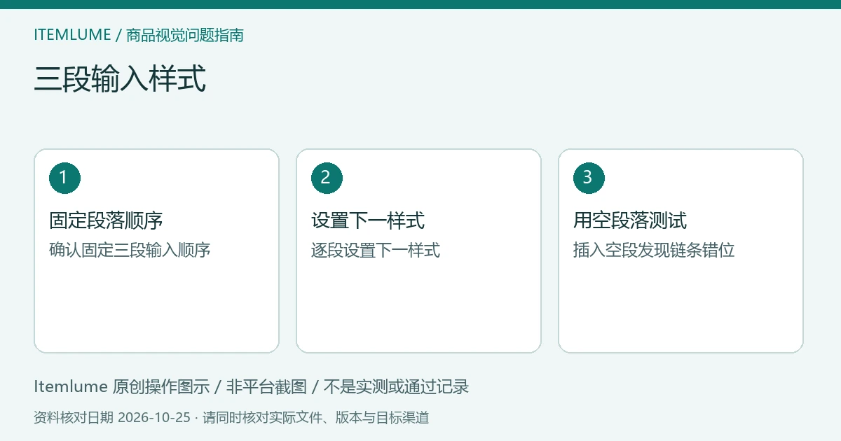 三步核对图：固定段落顺序；设置下一样式；用空段落测试。