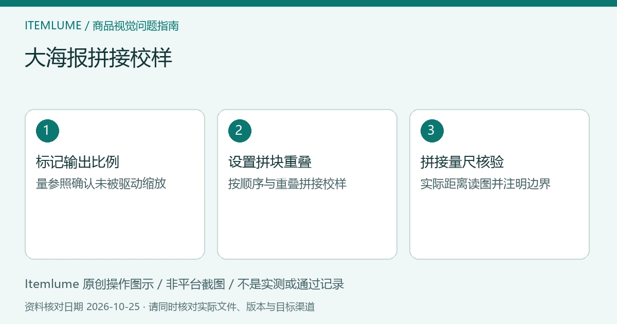 三步核对图:标记输出比例;设置拼块重叠;拼接量尺核验。