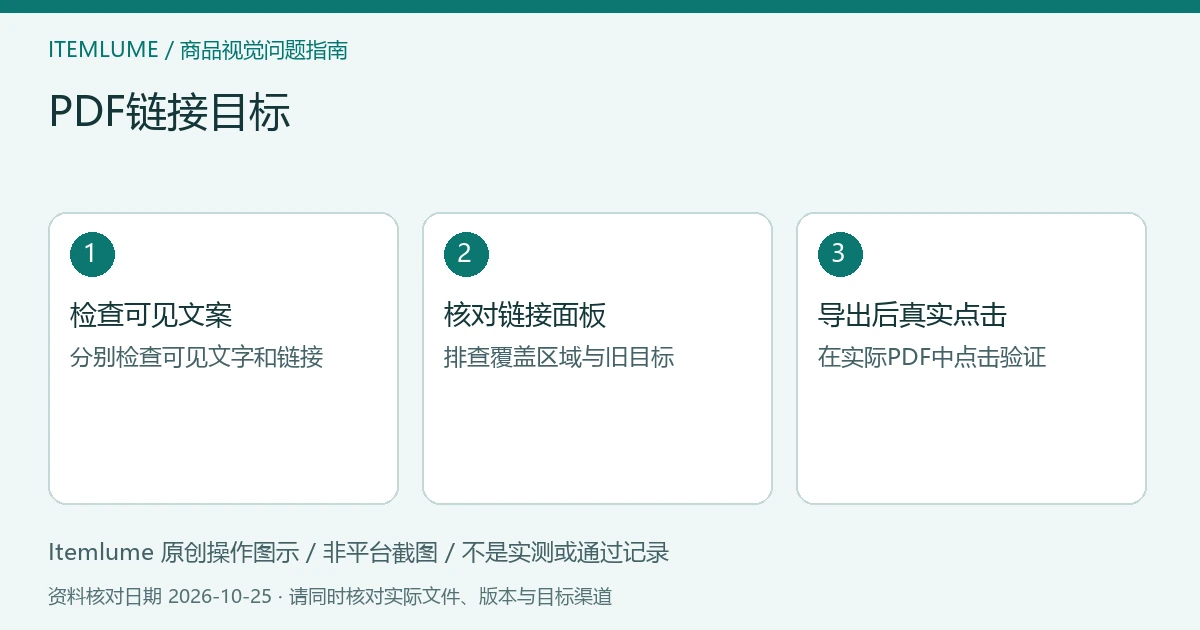 三步核对图:检查可见文案;核对链接面板;导出后真实点击。