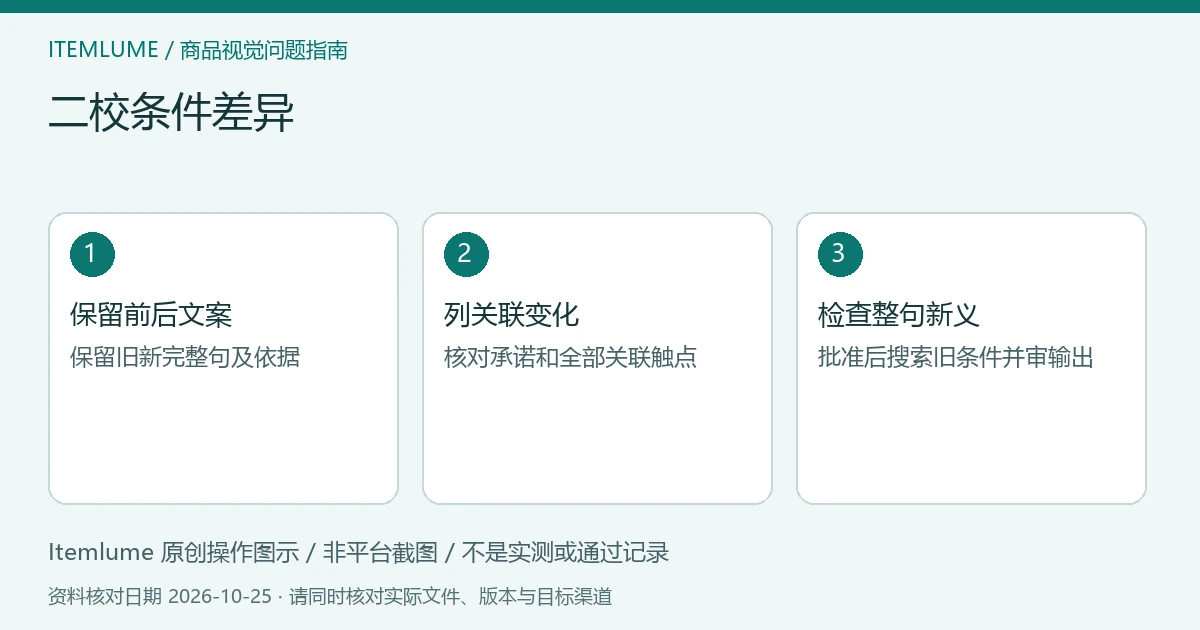 三步核对图：保留前后文案；列关联变化；检查整句新义。