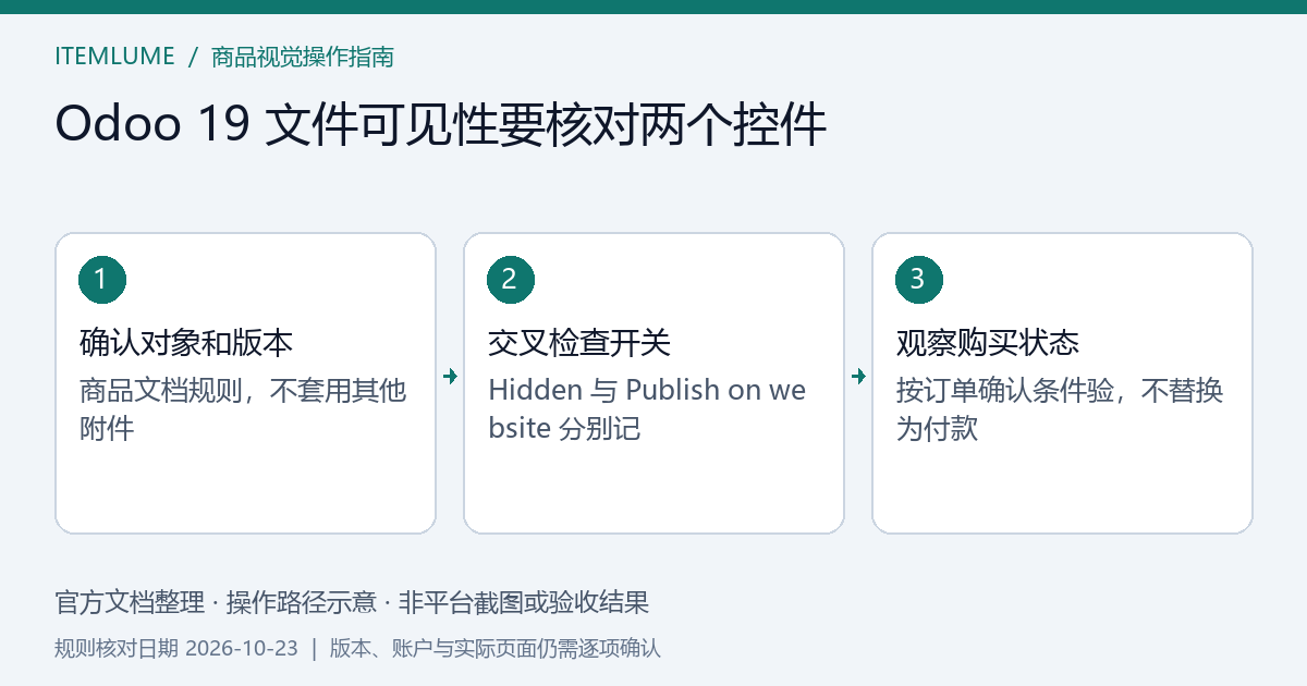 Odoo 19 商品文档销售可见性与网站发布开关的组合检查示意