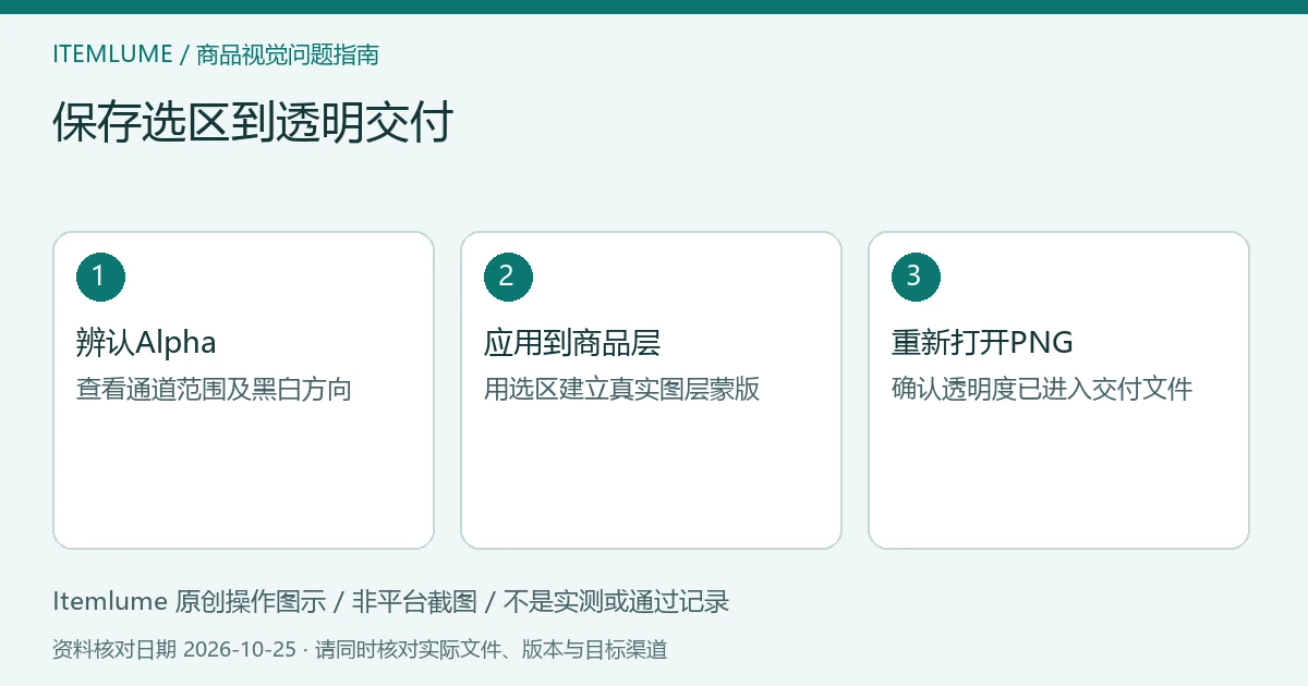 保存选区到透明交付：辨认Alpha、应用到商品层、重新打开PNG的三步示意