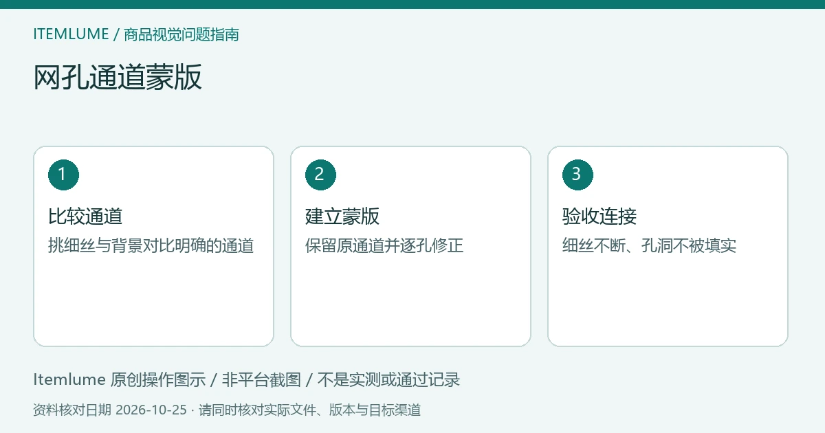 网孔通道蒙版：比较通道、建立蒙版、验收连接的三步示意