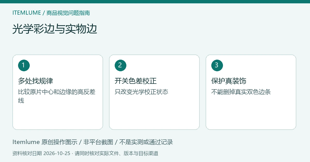 光学彩边与实物边：多处找规律、开关色差校正、保护真装饰的三步示意