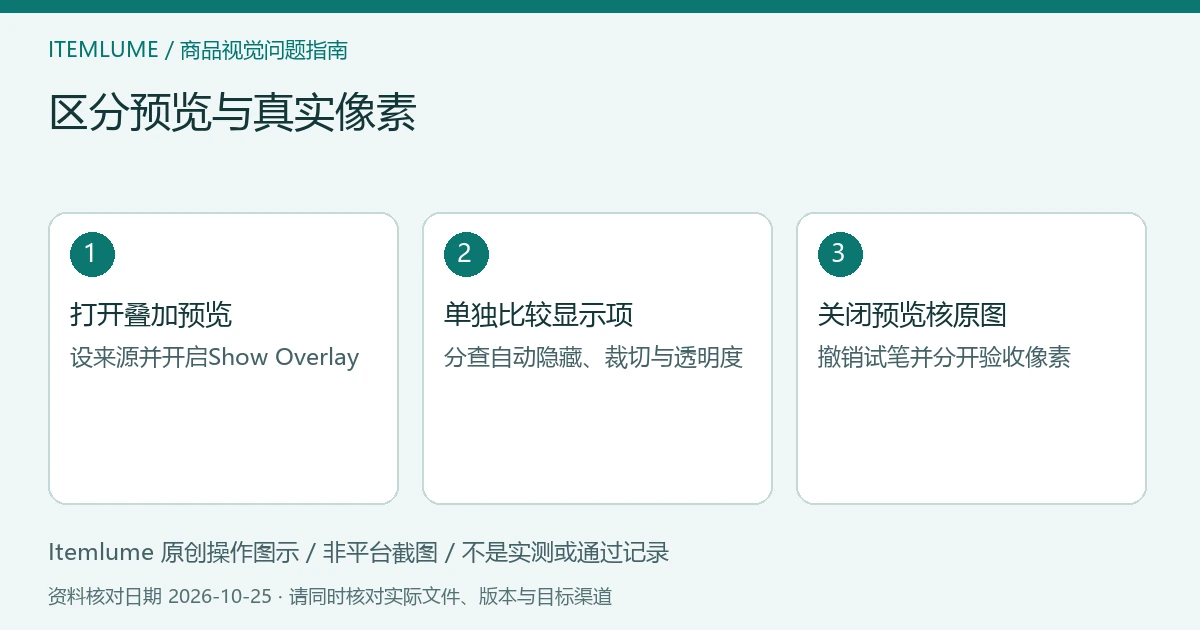 打开仿制源叠加、分开检查自动隐藏与裁切、隐藏预览复核真实像素的三步示意