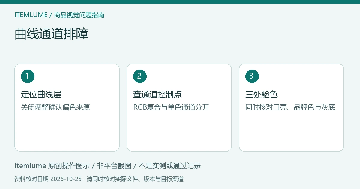 曲线通道排障：定位曲线层、查通道控制点、三处验色的三步示意
