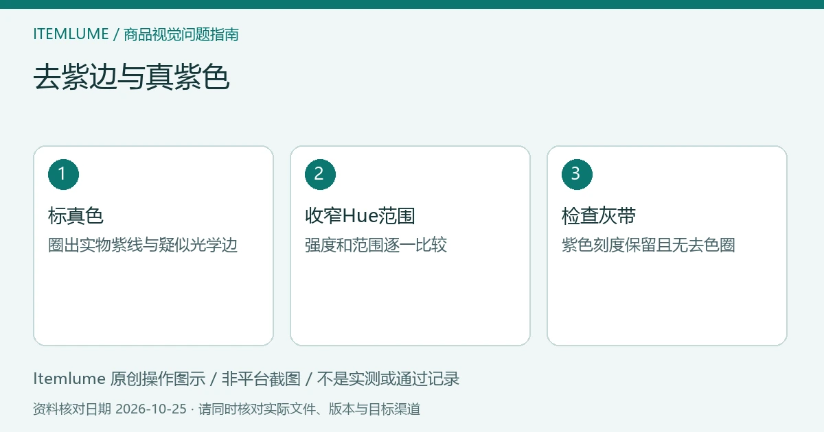 去紫边与真紫色：标真色、收窄Hue范围、检查灰带的三步示意
