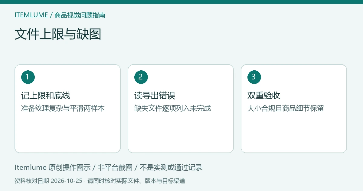 文件上限与缺图:记上限和底线、读导出错误、双重验收的三步示意