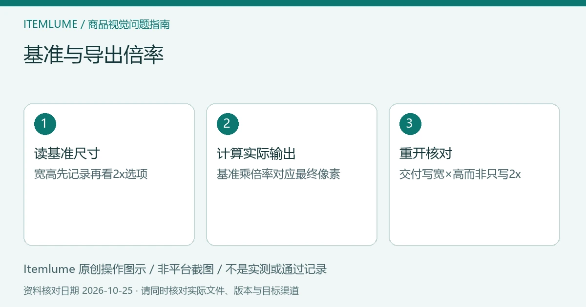 基准与导出倍率：读基准尺寸、计算实际输出、重开核对的三步示意