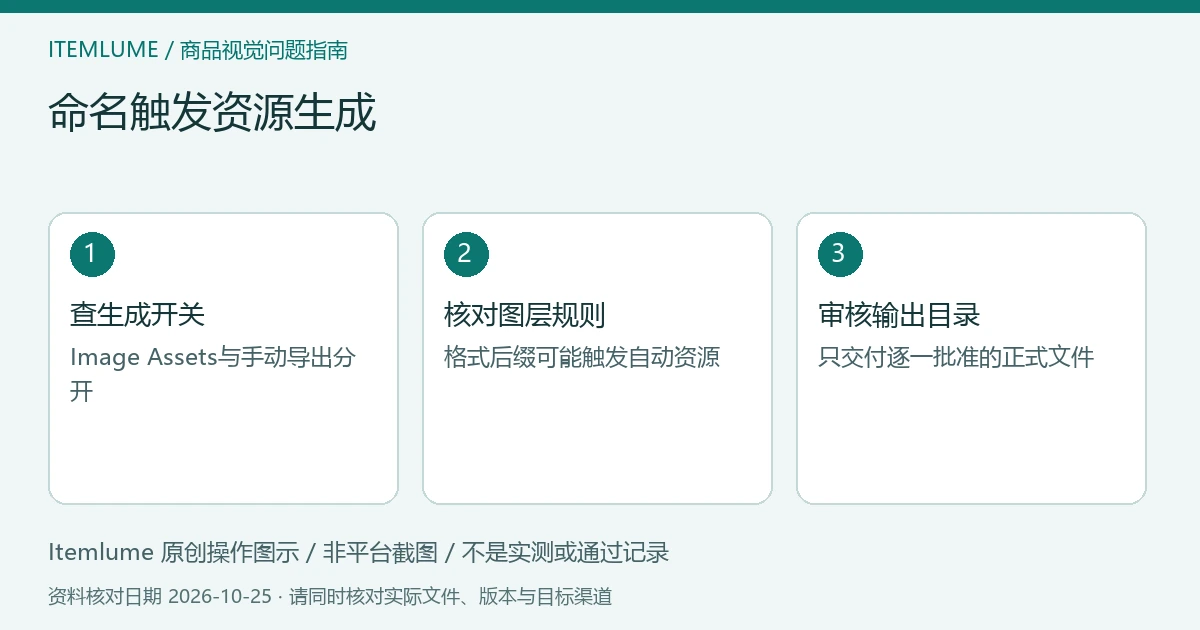 命名触发资源生成:查生成开关、核对图层规则、审核输出目录的三步示意