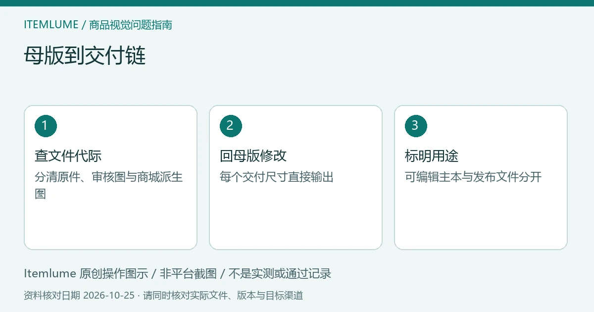母版到交付链:查文件代际、回母版修改、标明用途的三步示意