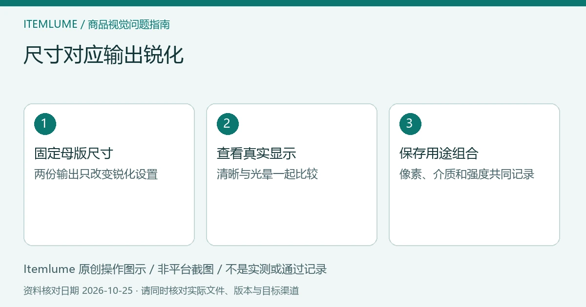 尺寸对应输出锐化：固定母版尺寸、查看真实显示、保存用途组合的三步示意