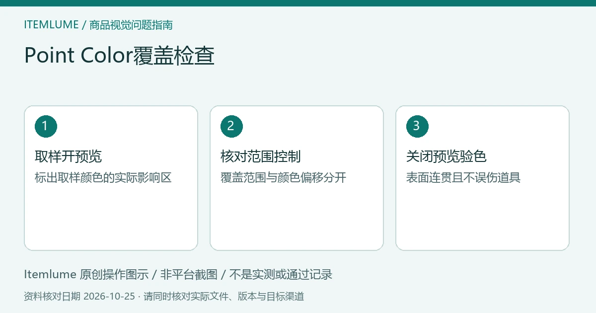 Point Color覆盖检查:取样开预览、核对范围控制、关闭预览验色的三步示意