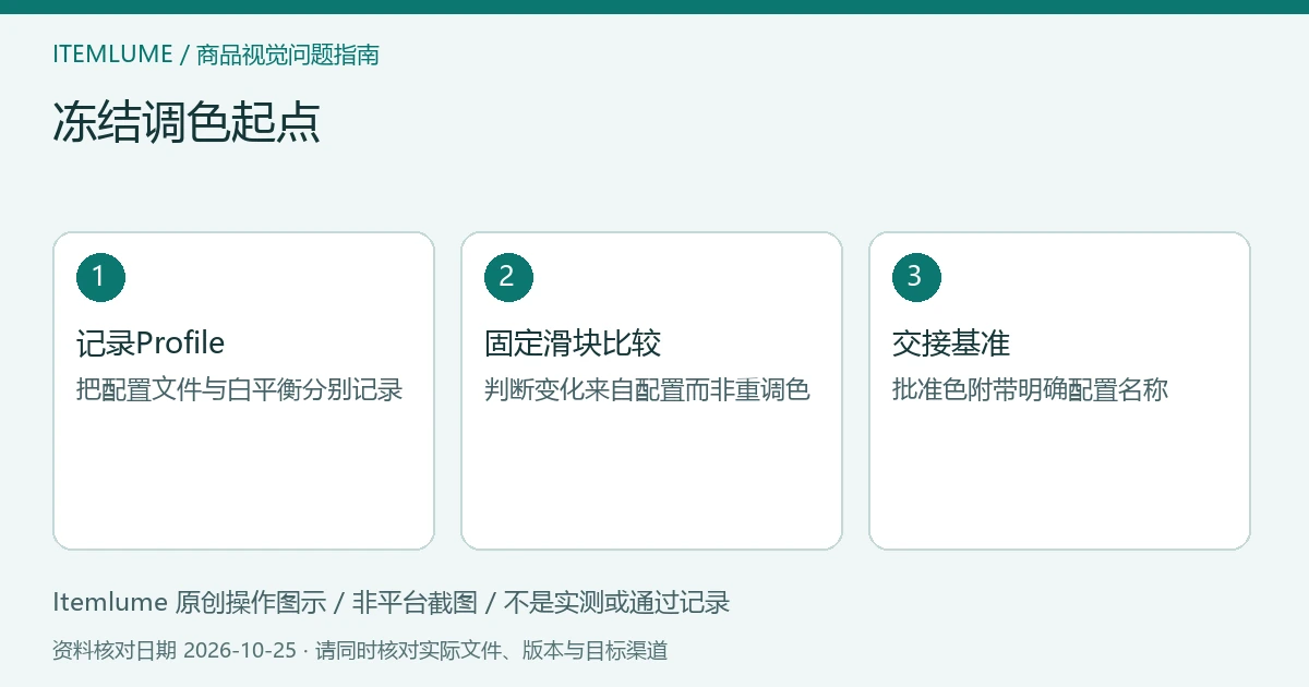 冻结调色起点:记录Profile、固定滑块比较、交接基准的三步示意