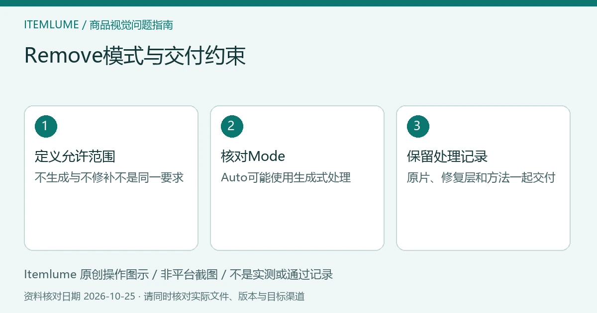 Remove模式与交付约束:定义允许范围、核对Mode、保留处理记录的三步示意