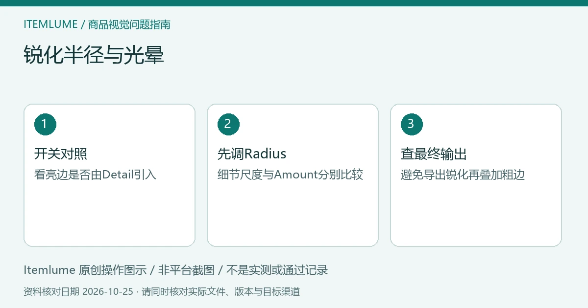 锐化半径与光晕：开关对照、先调Radius、查最终输出的三步示意