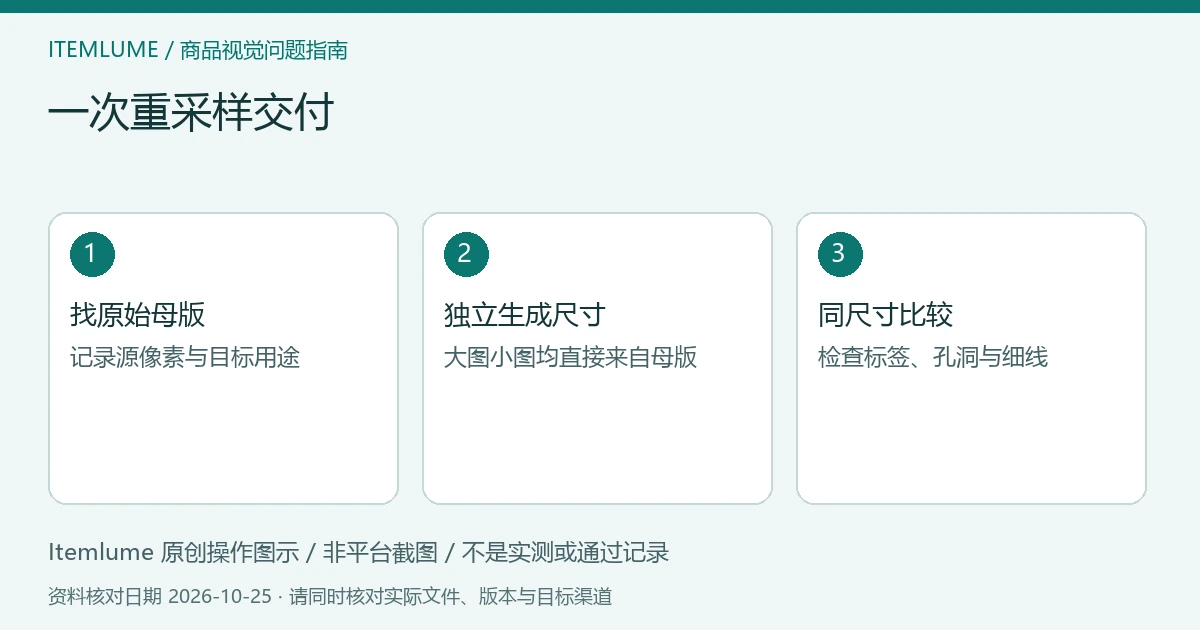 一次重采样交付：找原始母版、独立生成尺寸、同尺寸比较的三步示意