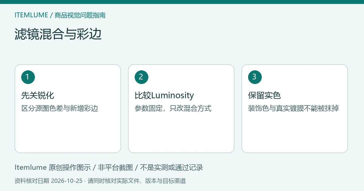 滤镜混合与彩边:先关锐化、比较Luminosity、保留实色的三步示意