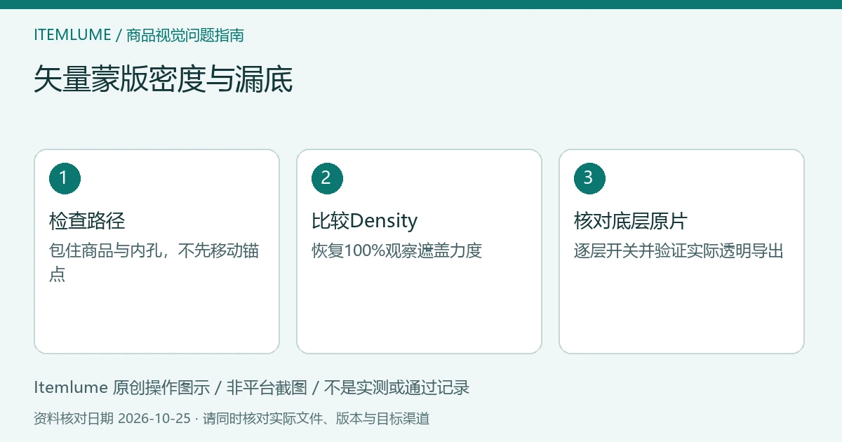 矢量蒙版密度与漏底:检查路径、比较Density、核对底层原片的三步示意