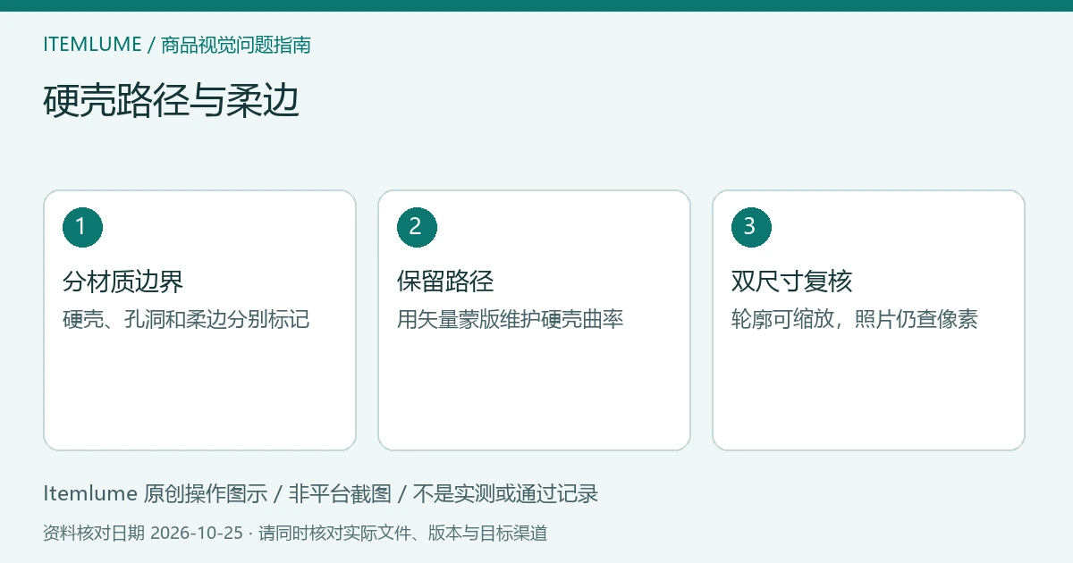 硬壳路径与柔边:分材质边界、保留路径、双尺寸复核的三步示意