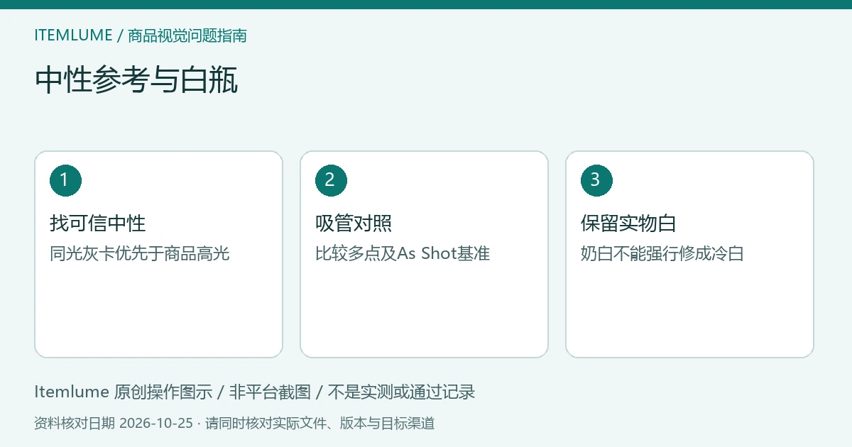 中性参考与白瓶:找可信中性、吸管对照、保留实物白的三步示意