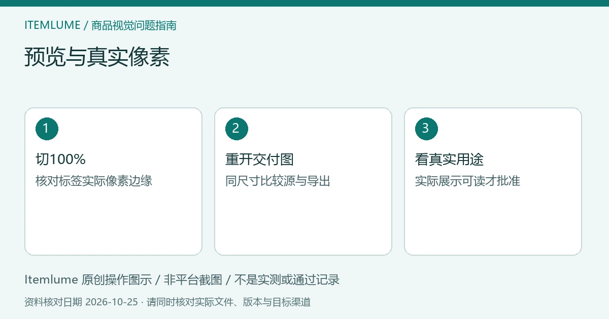 预览与真实像素：切100%、重开交付图、看真实用途的三步示意