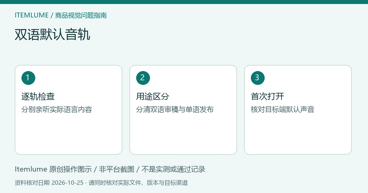 商品视频交付检查示意：逐轨亲听、确定默认责任、跨端首次打开