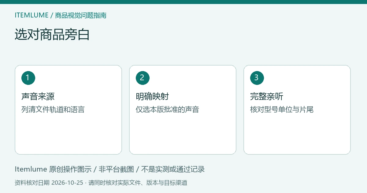 商品视频交付检查示意：列出声音来源、限定输出音轨、亲听发布语言