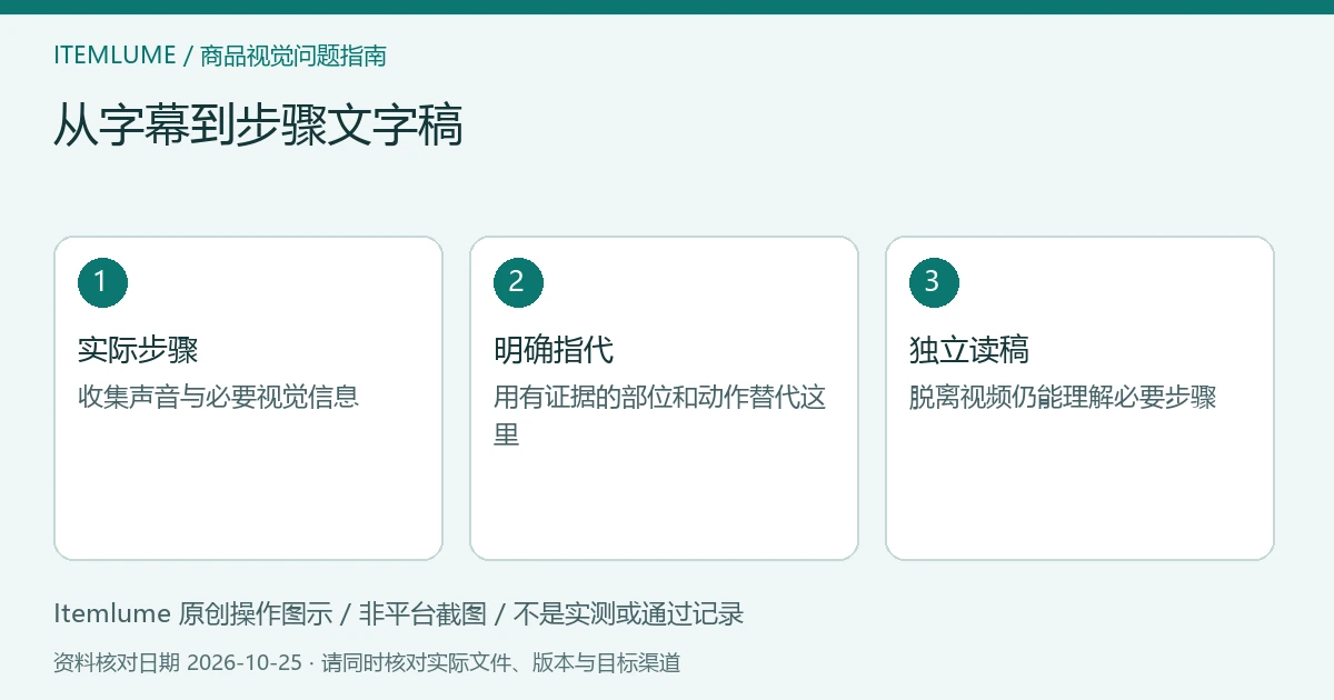 商品视频交付检查示意：实际步骤、明确指代、独立读稿