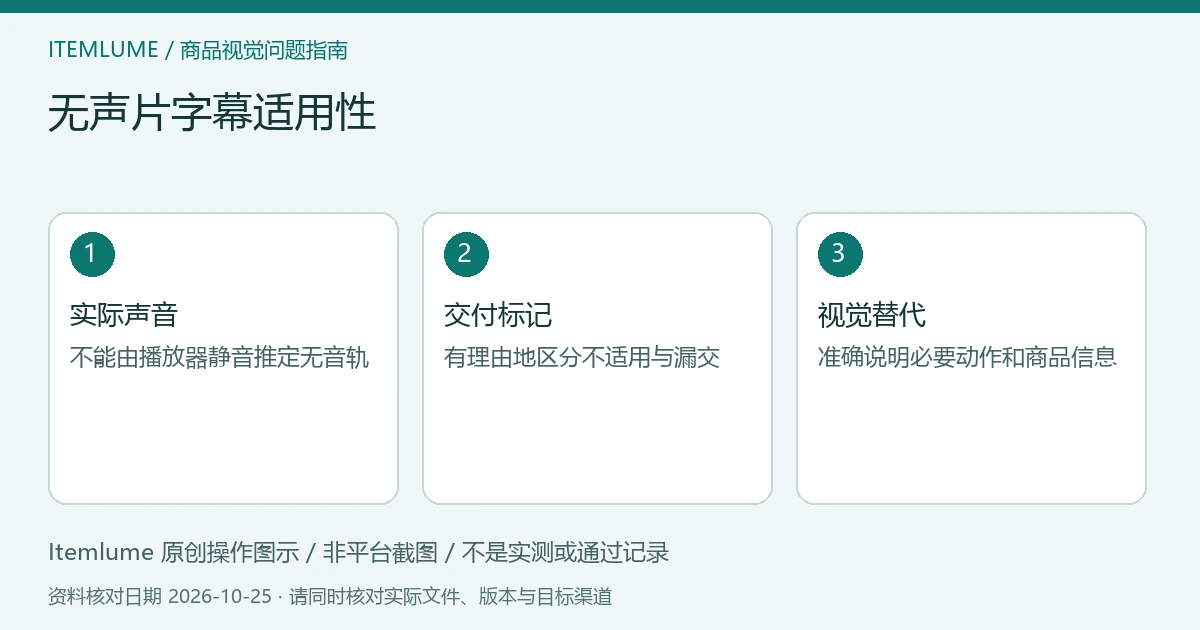 商品视频交付检查示意：实际声音、交付标记、视觉替代