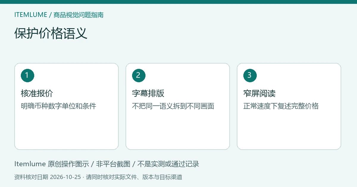 商品视频交付检查示意:核准报价、字幕排版、窄屏阅读