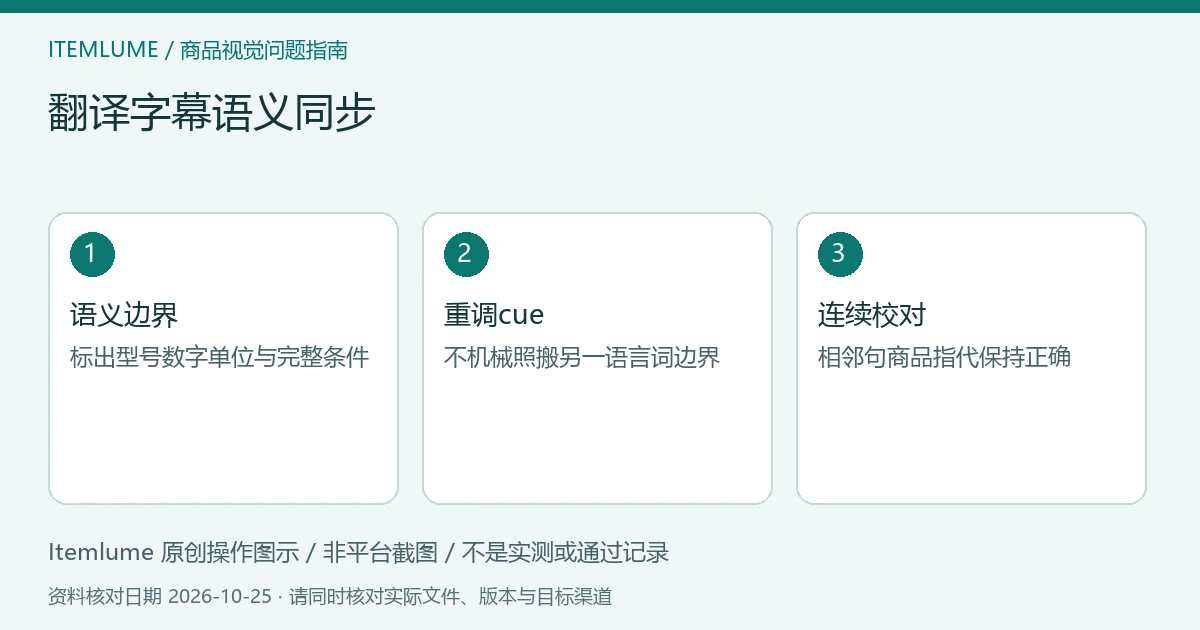 商品视频交付检查示意：语义边界、重调cue、连续校对