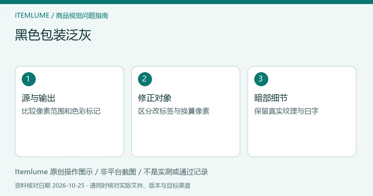商品视频交付检查示意：核对颜色参考、区分值与标记、复查商品暗部