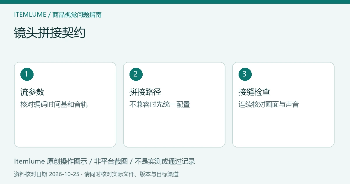商品视频交付检查示意：核对各段流、选择拼接路径、检查全部接缝