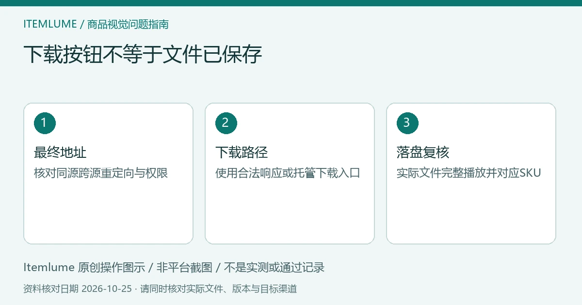 商品视频交付检查示意:最终地址、下载路径、落盘复核