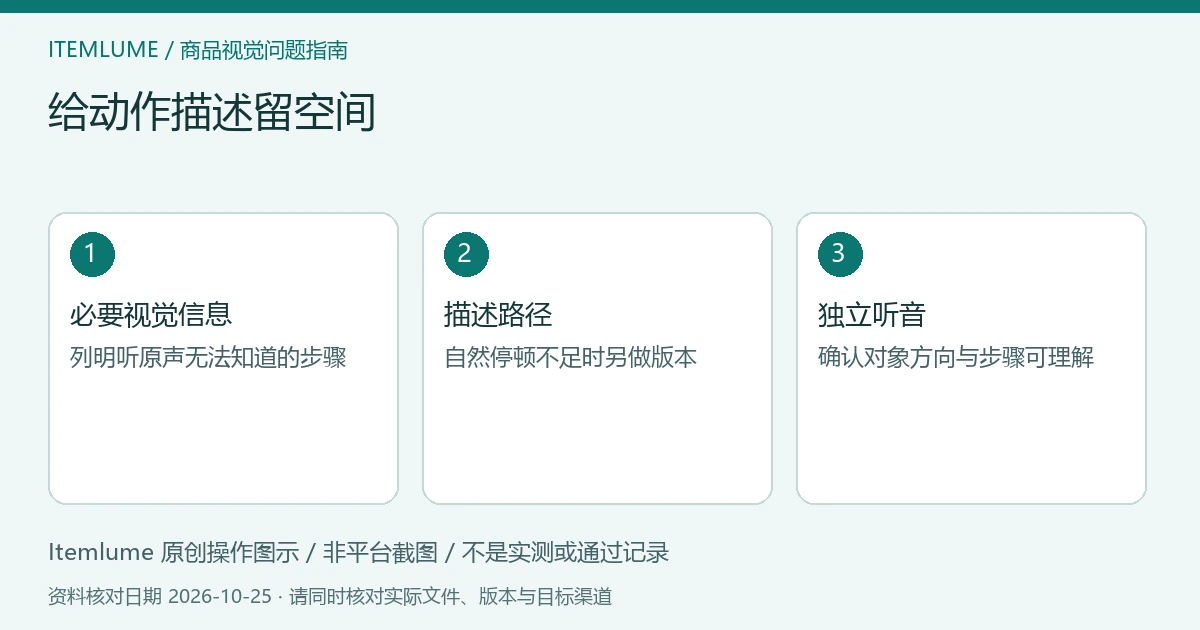 商品视频交付检查示意:必要视觉信息、描述路径、独立听音