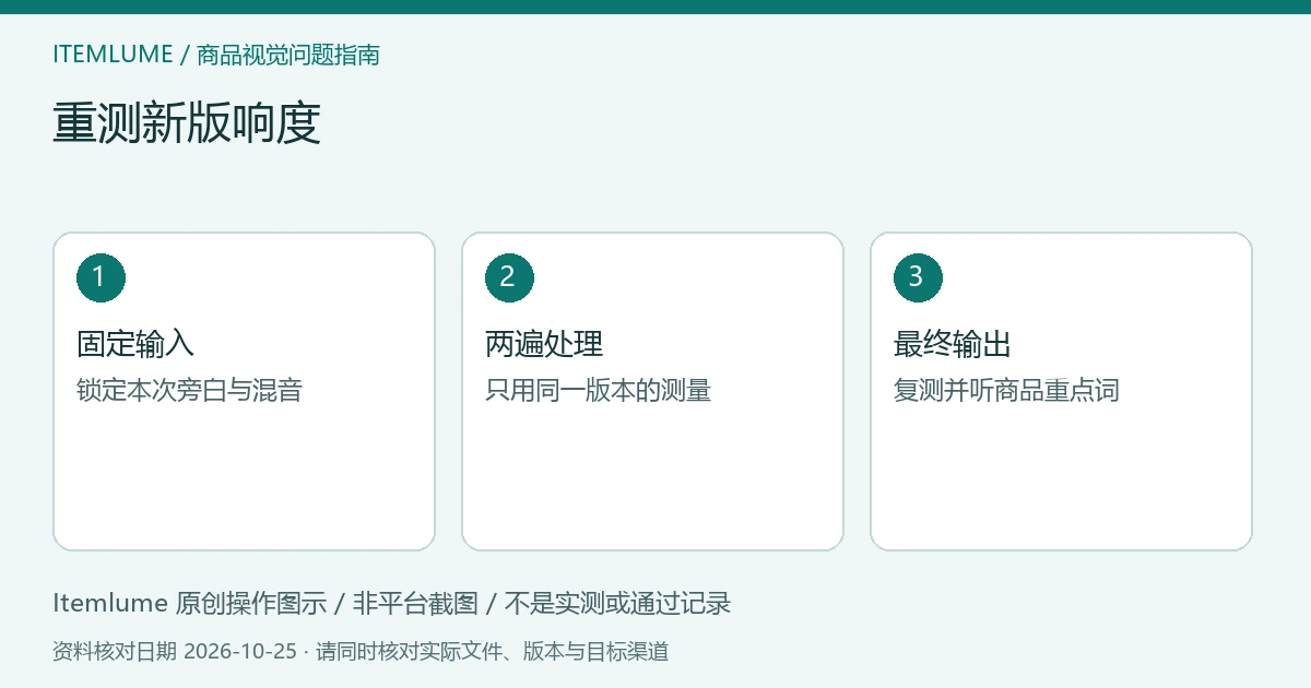商品视频交付检查示意：冻结混音版本、重测实际输入、复测编码文件