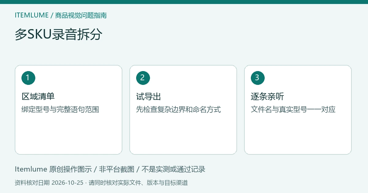 商品视频交付检查示意：区域清单、试导出、逐条亲听