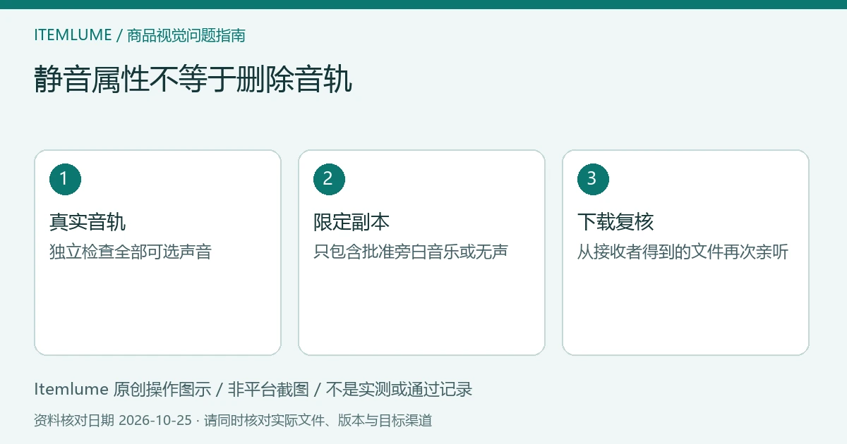 商品视频交付检查示意:真实音轨、限定副本、下载复核