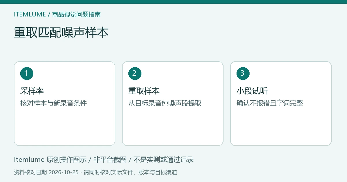 商品视频交付检查示意:核对目标采样率、重新提取噪声样本、试听新处理副本