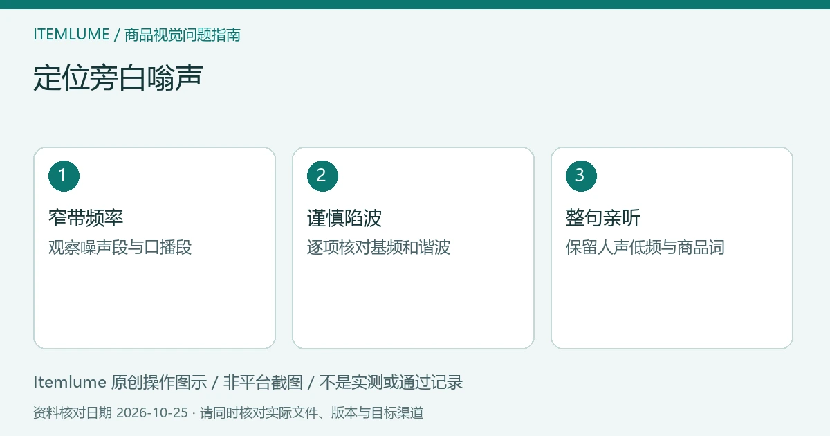 商品视频交付检查示意:观察频率窄峰、小段评估陷波、完整核对人声