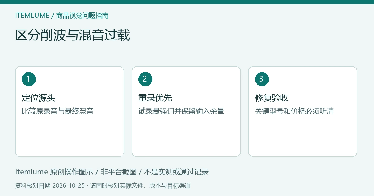 商品视频交付检查示意：定位源头、重录优先、修复验收
