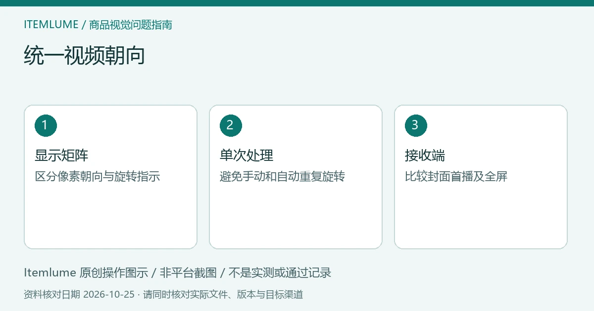 商品视频交付检查示意:读取显示矩阵、避免重复旋转、复查真实版位