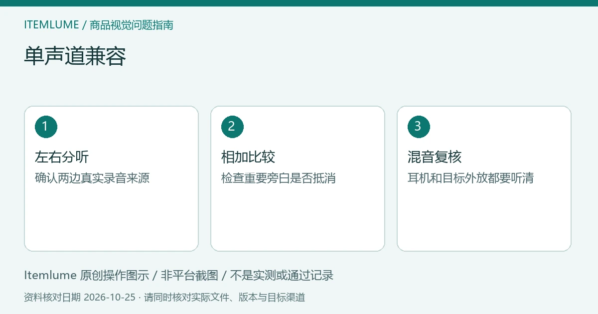 商品视频交付检查示意:分别听左右、检查单声道相加、复核最终混音
